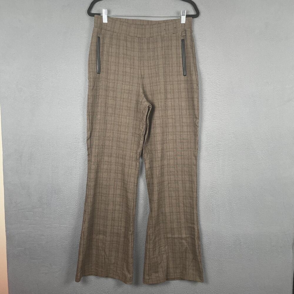 DKNY Pants Womens Medium Brown Plaid Flare Leg Faux Leather Trim Pockets Work